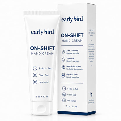 Early Bird On-Shift Hand Cream, 3 oz white flip-top tube