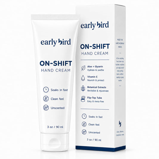 Early Bird On-Shift Hand Cream, 3 oz white flip-top tube